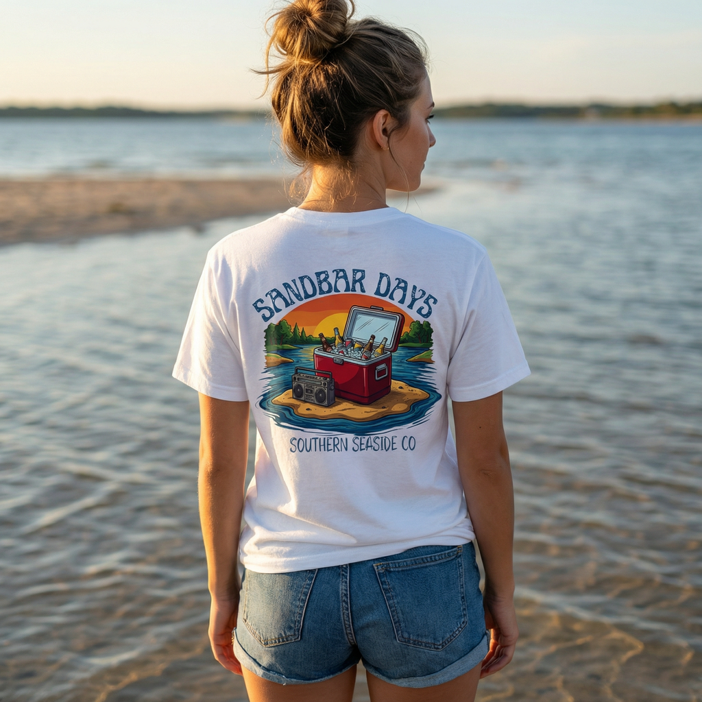 Person wearing a 'Sandbar Days' t-shirt by the water