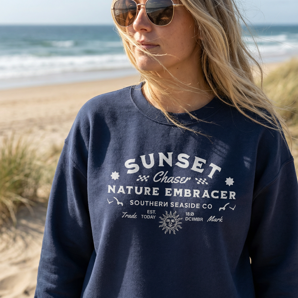Sunset Chaser Sweatshirt. A woman wearing a navy Comfort Colors sweatshirt with text on a beach.