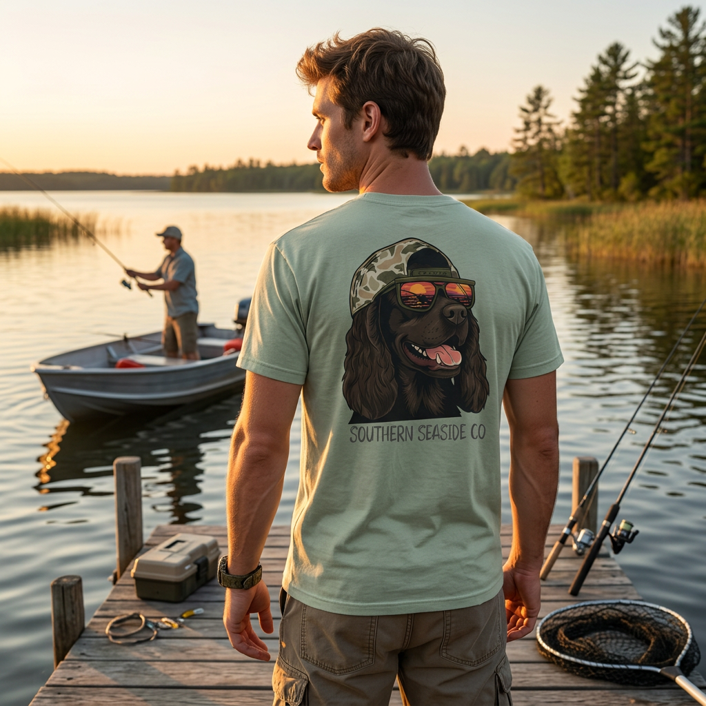 A dog t-shirt with a brown dog wearing sunglasses.