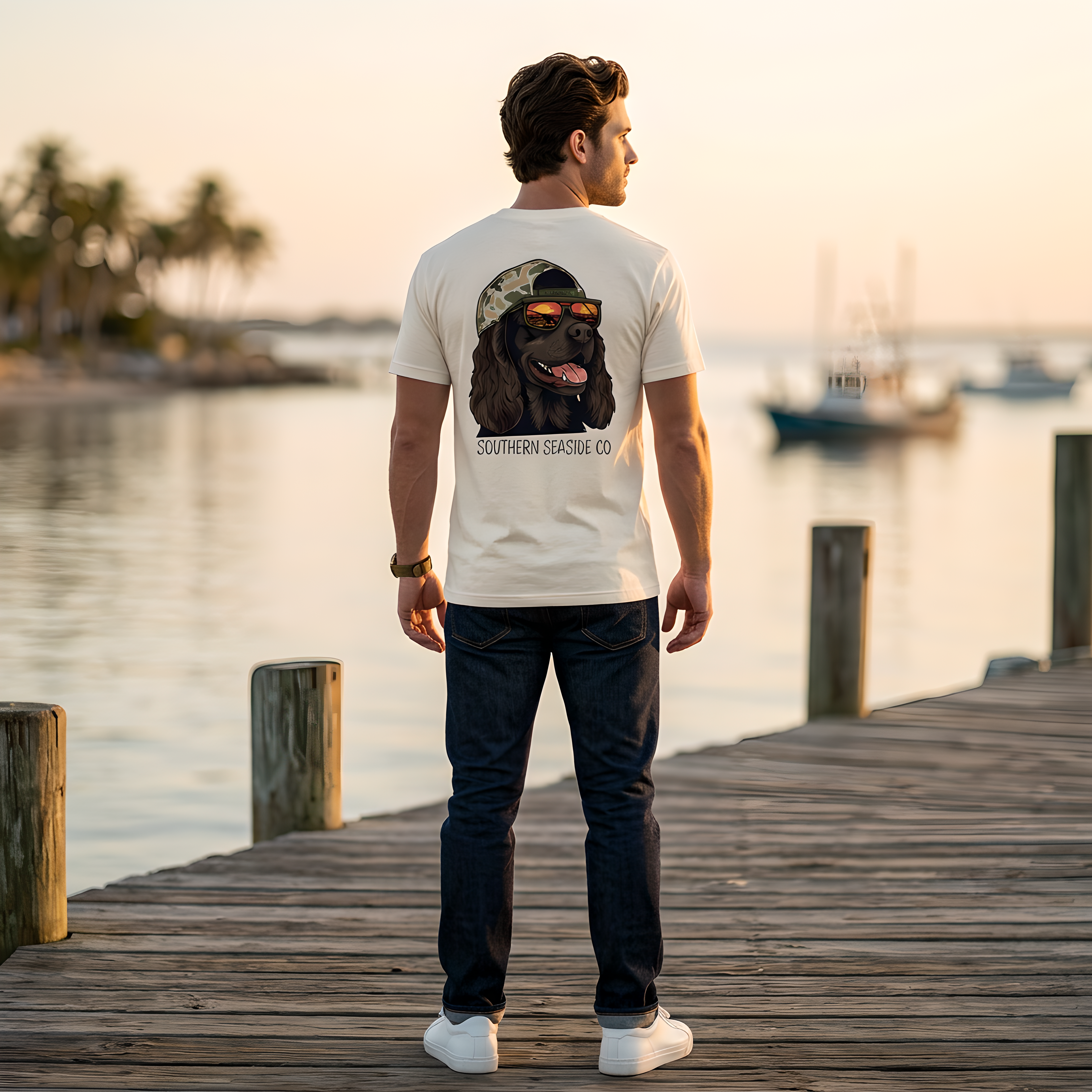 A dog t-shirt with the dog wearing sunglasses and cap.