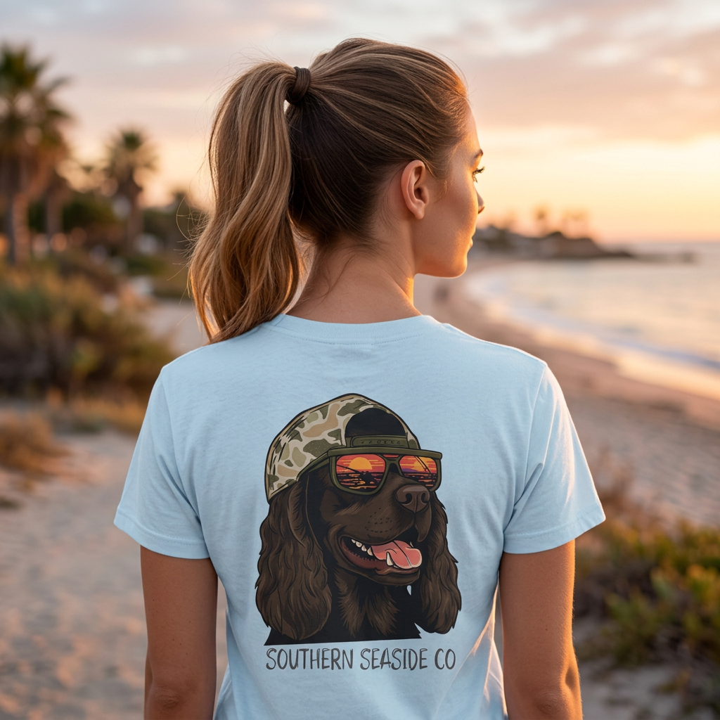 A t-shirt with a dog wearing sunglasses and camo ball cap. 