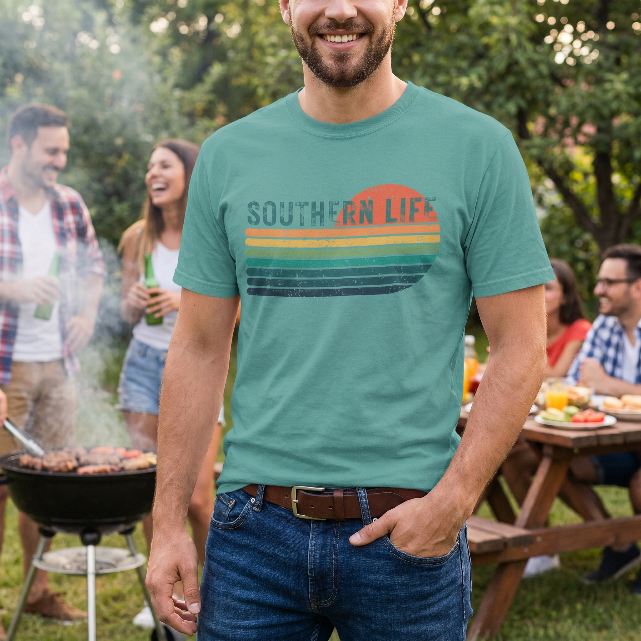 Man wearing a 'Southern Life' t-shirt at a barbecue with friends in the background