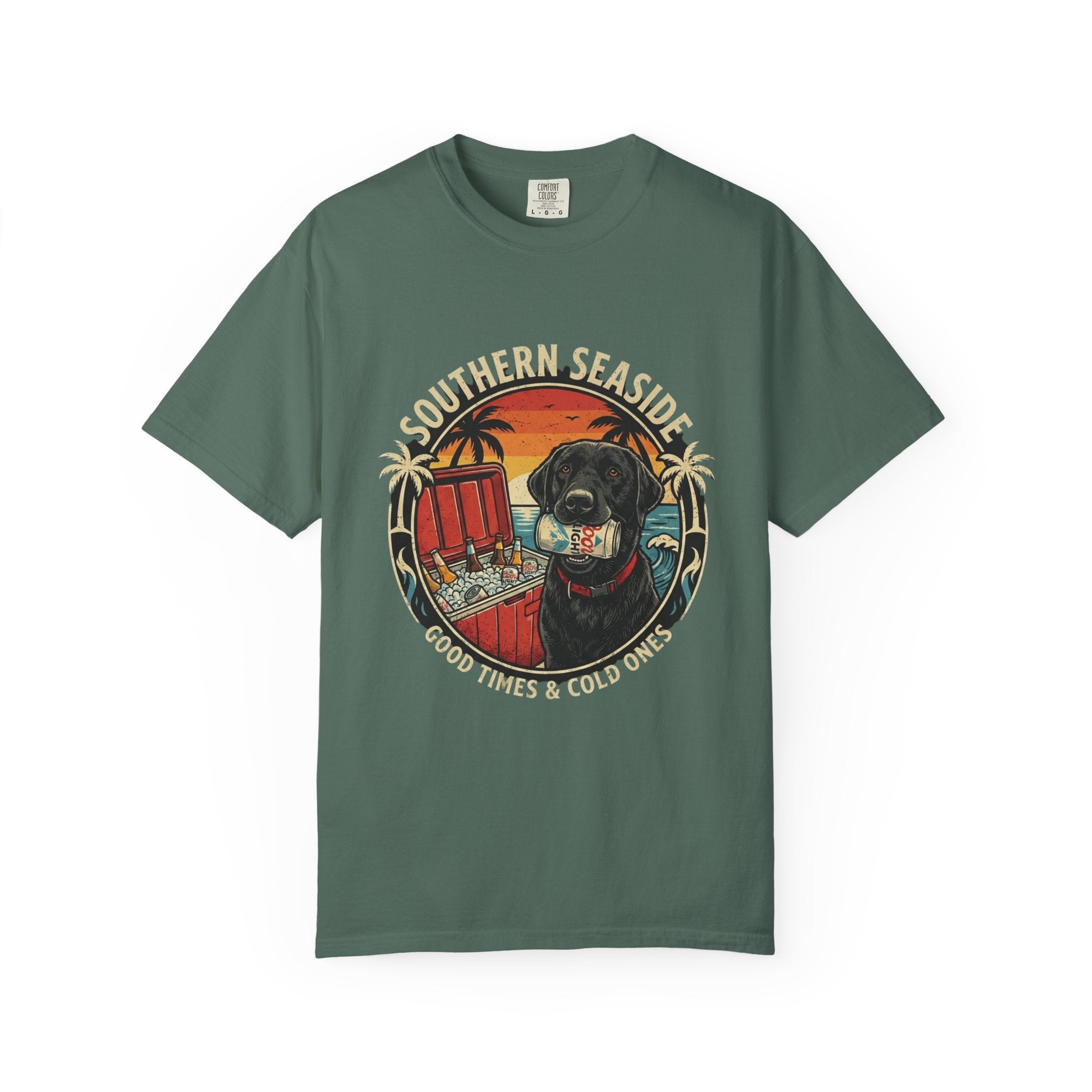 Green t-shirt with a graphic of a dog and beach scene, featuring the text 'Southern Seaside Good Times & Cold Ones'.