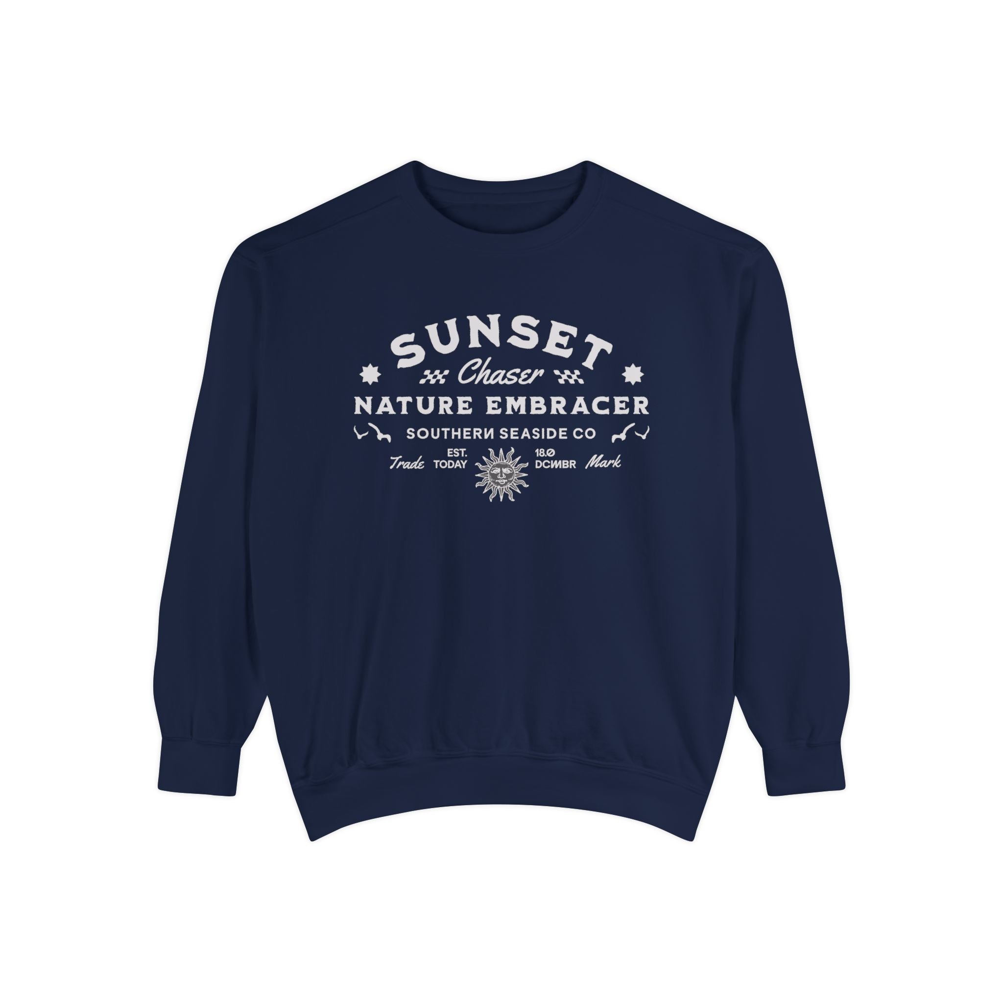 Navy blue sweatshirt with white text and graphics on a white background