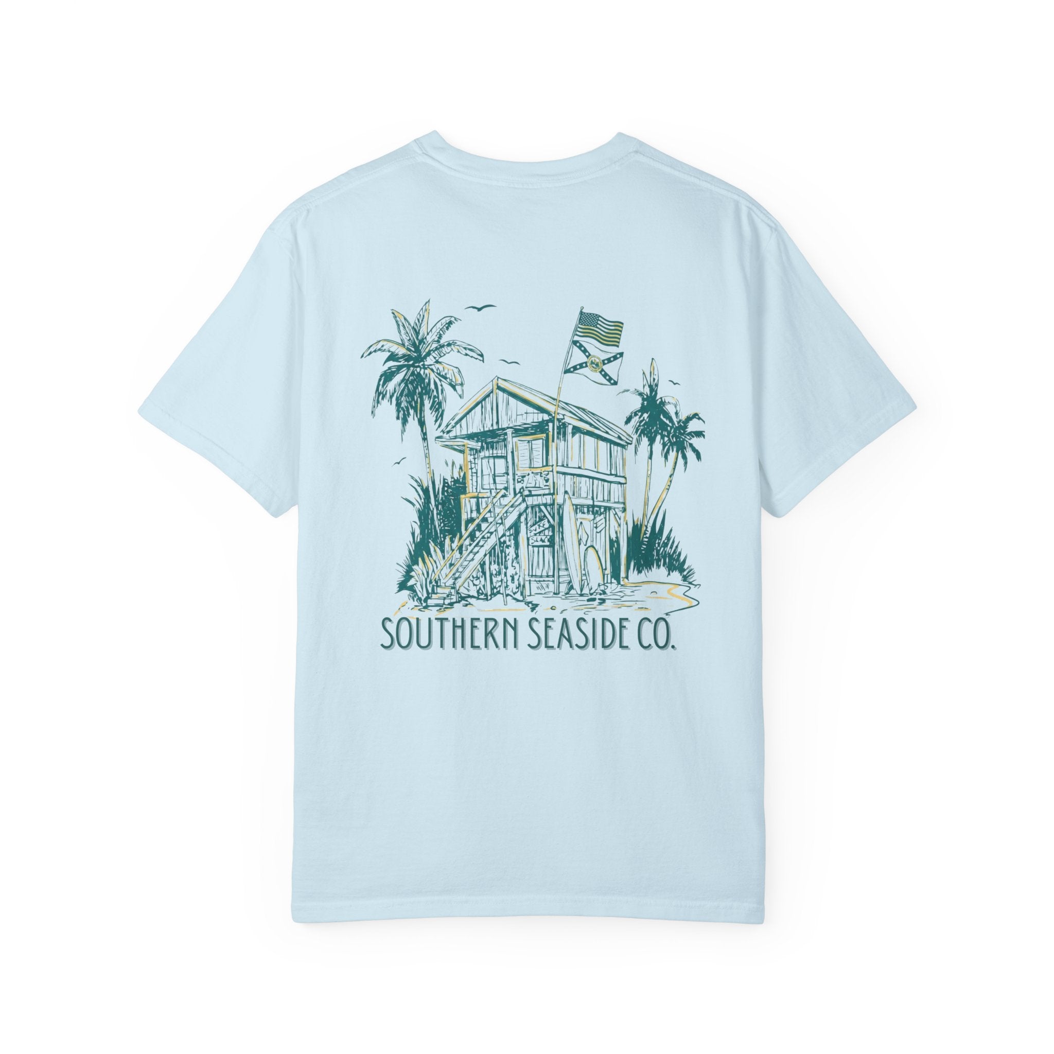 Light blue t-shirt with a beach house graphic and 'Southern Seaside Co.' text on a white background