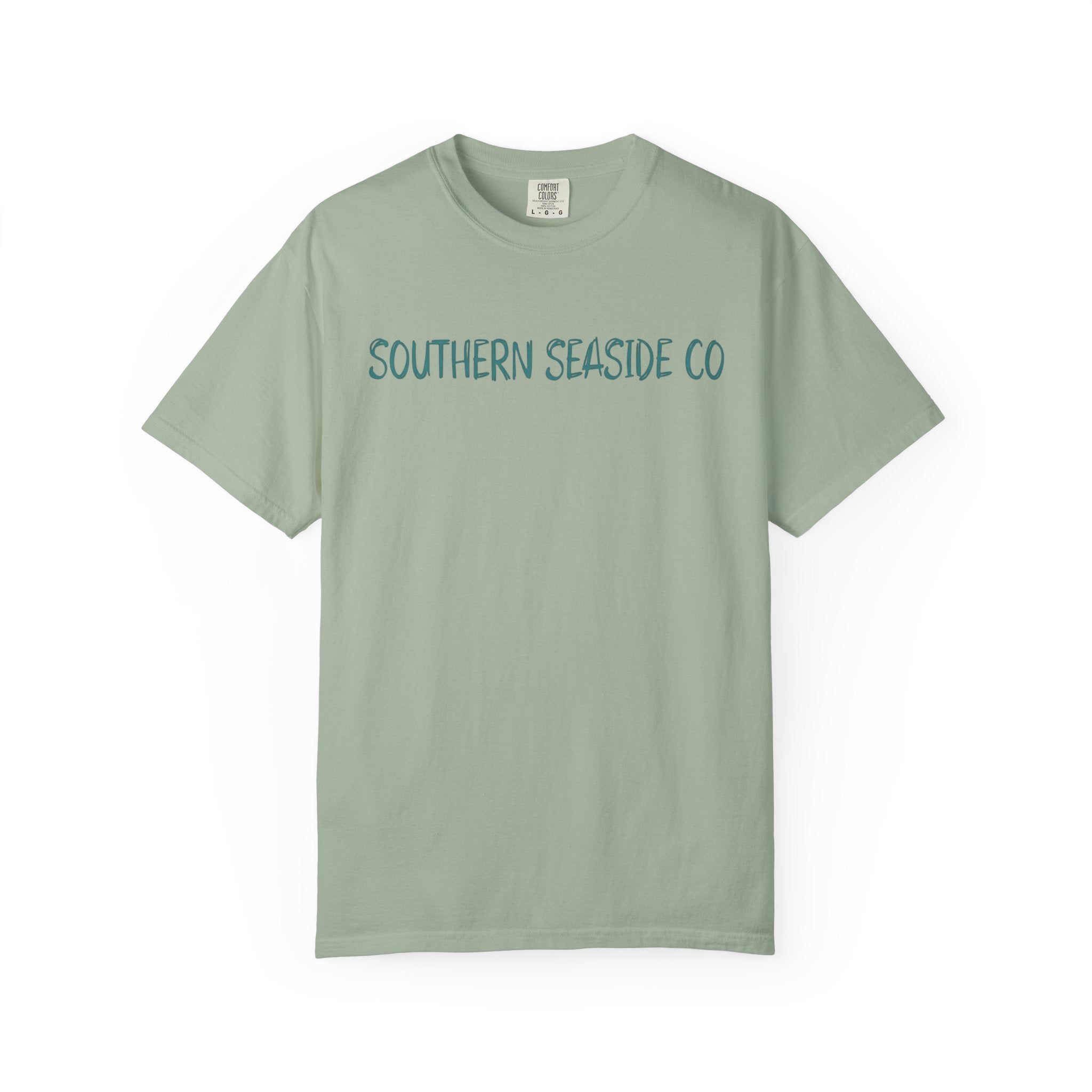 Green t-shirt with 'SOUTHERN SEASIDE CO' text on a white background