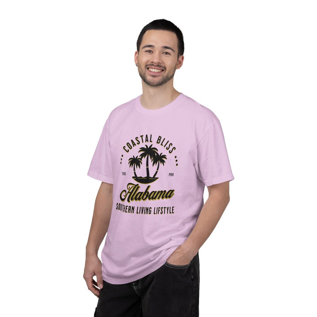 Man wearing a pink t-shirt with 'Alabama' text and palm tree design on a white background