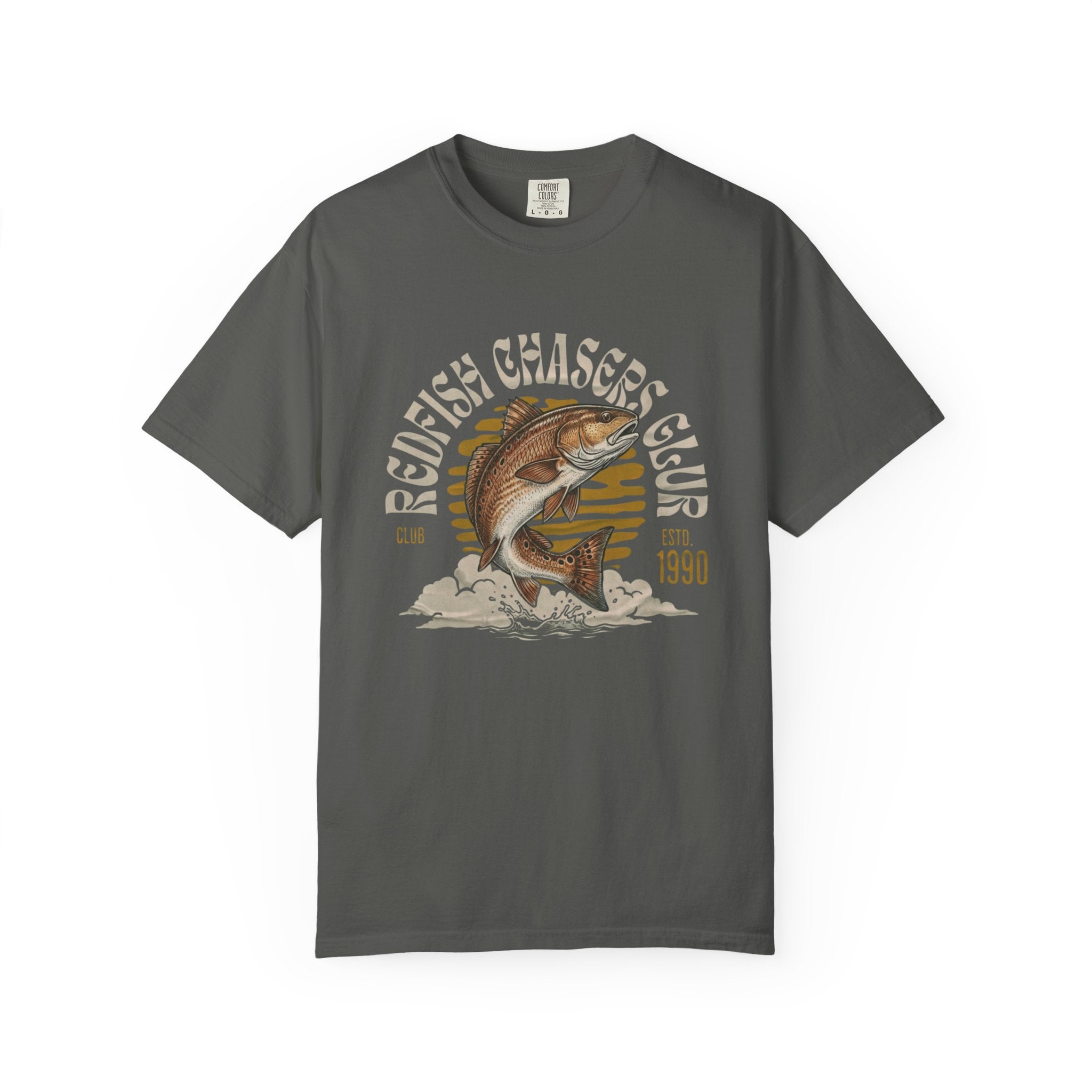 Gray t-shirt with redfish graphic and text on a white background