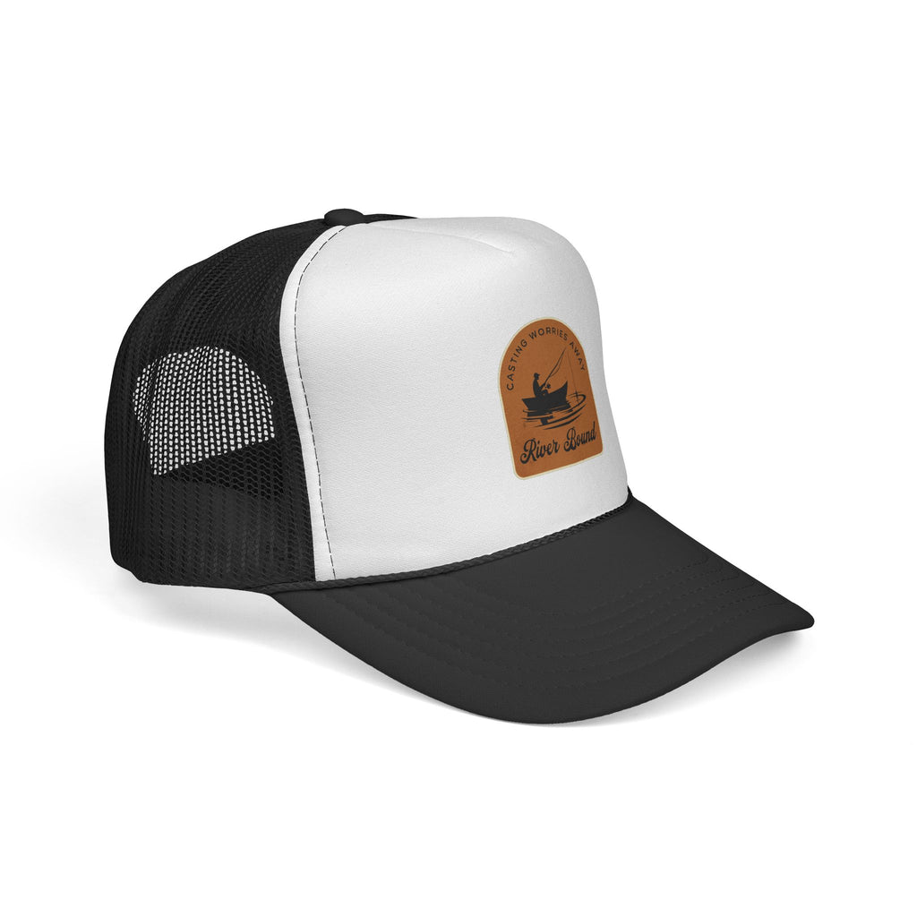 Fishing hat. Black and white trucker cap with a brown leather patch on a white background