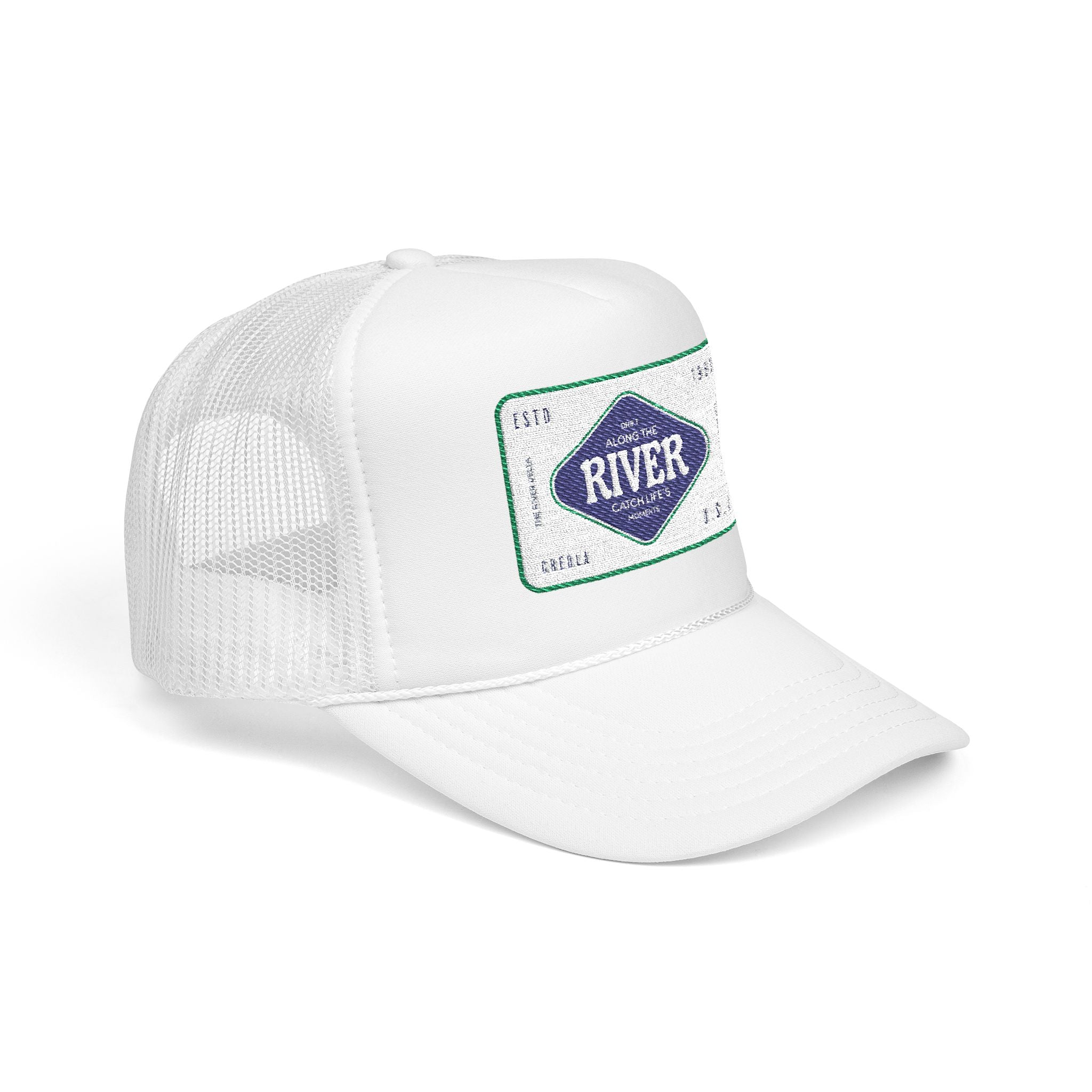 White trucker cap with a logo of the river delta details in Creola Alabama 