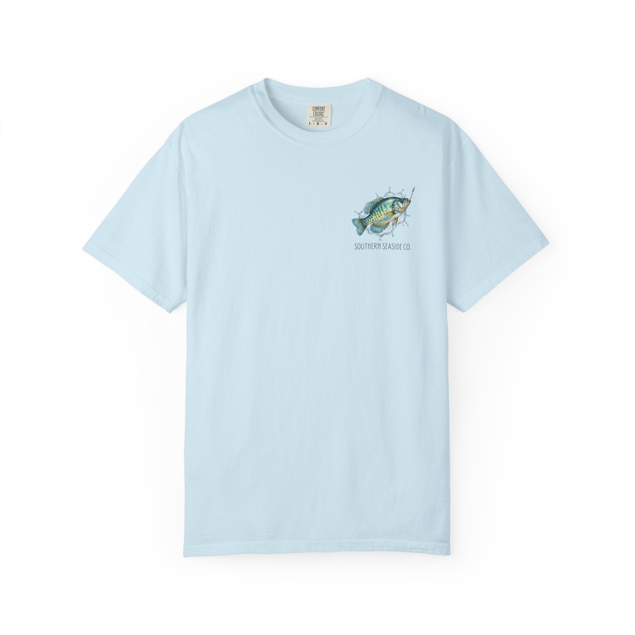Light blue t-shirt with a crappie fish graphic on a white background