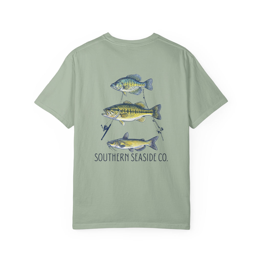 Light green t-shirt with fish illustrations and 'Southern Seaside Co.' logo 