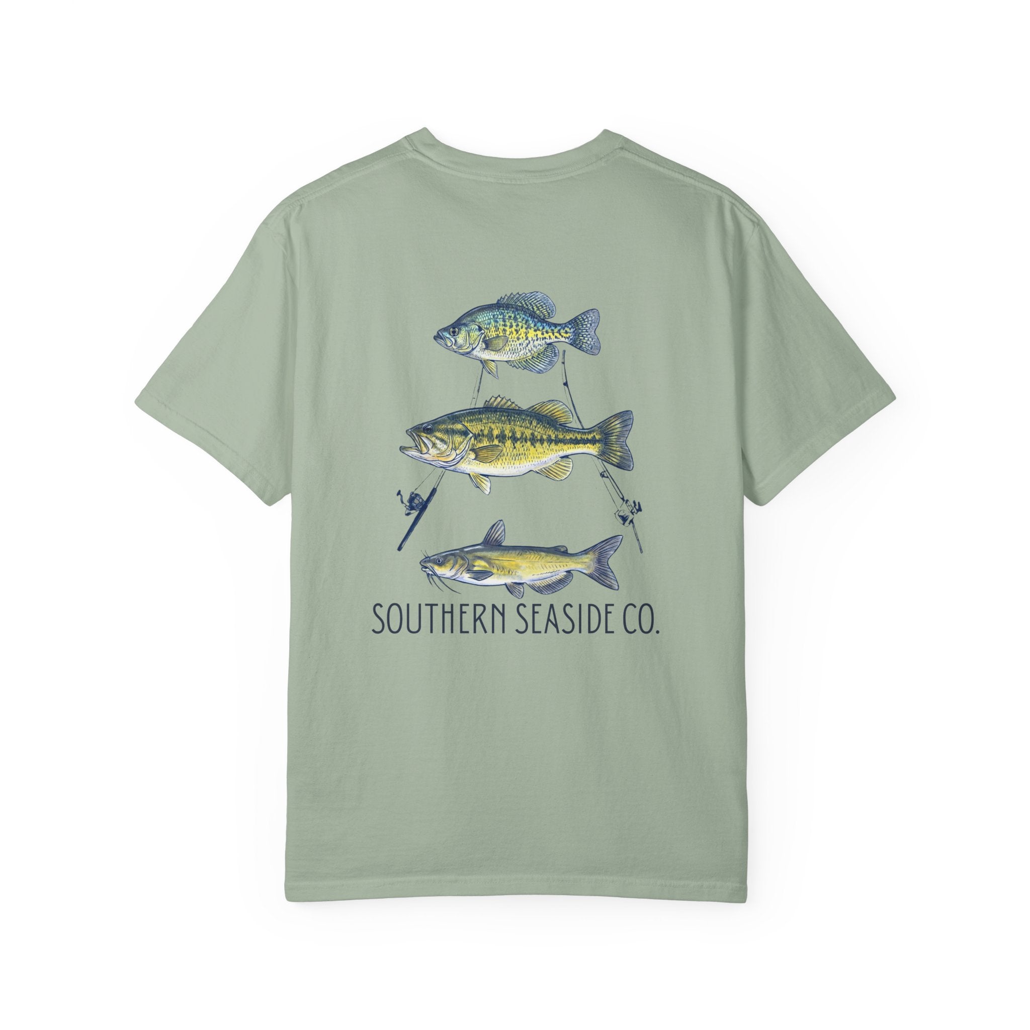 Light green t-shirt with fish illustrations and 'Southern Seaside Co.' logo 
