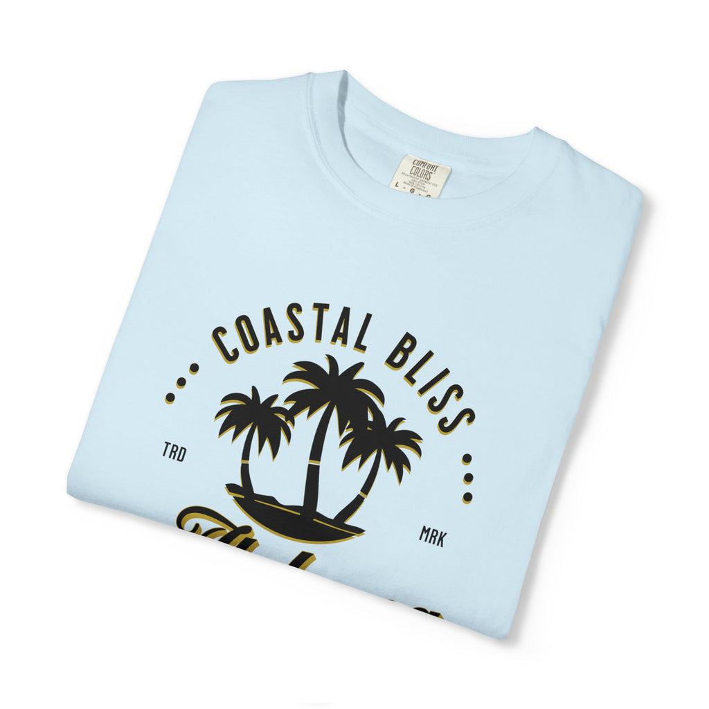 Light blue t-shirt with 'Coastal Bliss' and palm tree design on a white background
