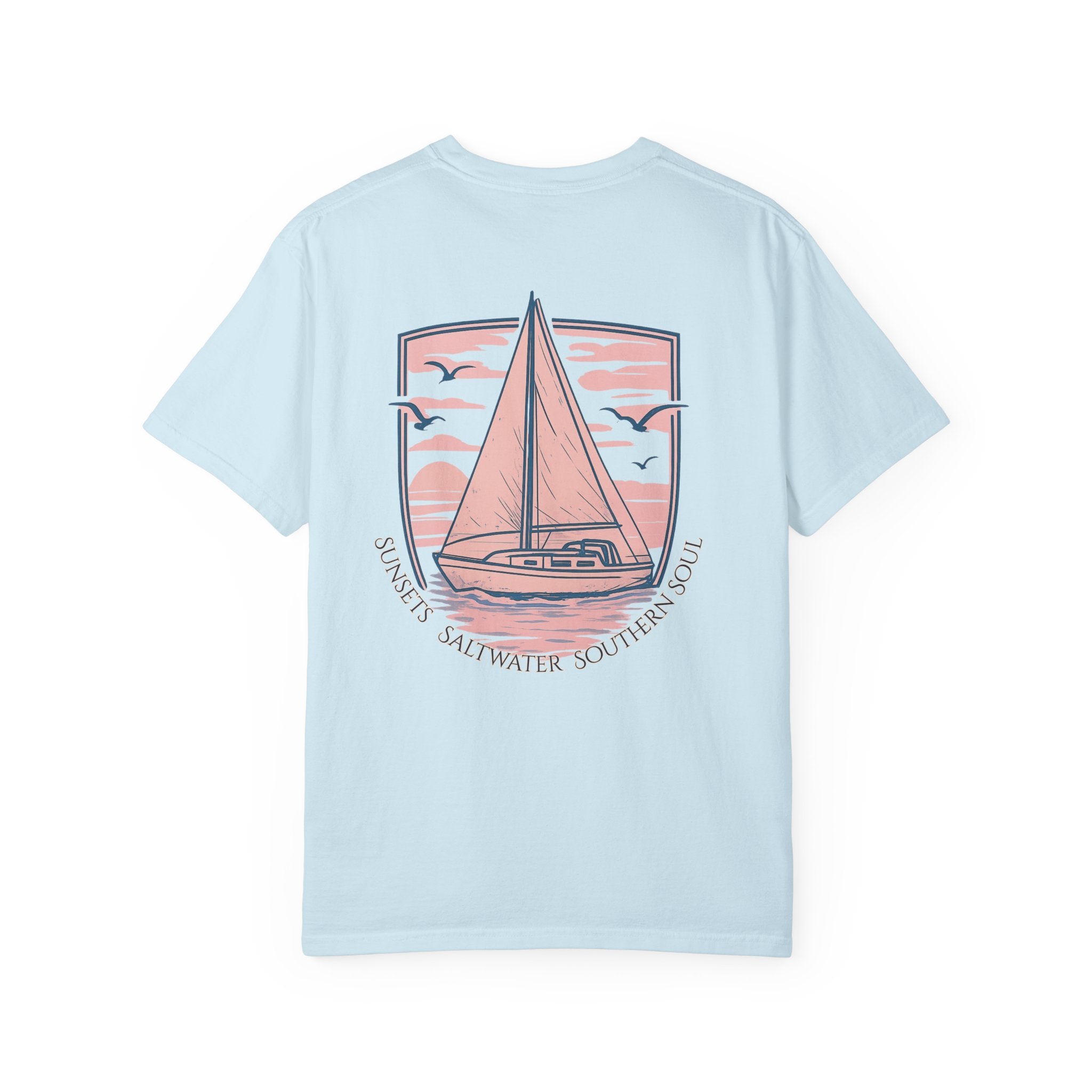 Light blue t-shirt with a sailboat graphic and text of Sunsets, saltwater, Southern Soul 