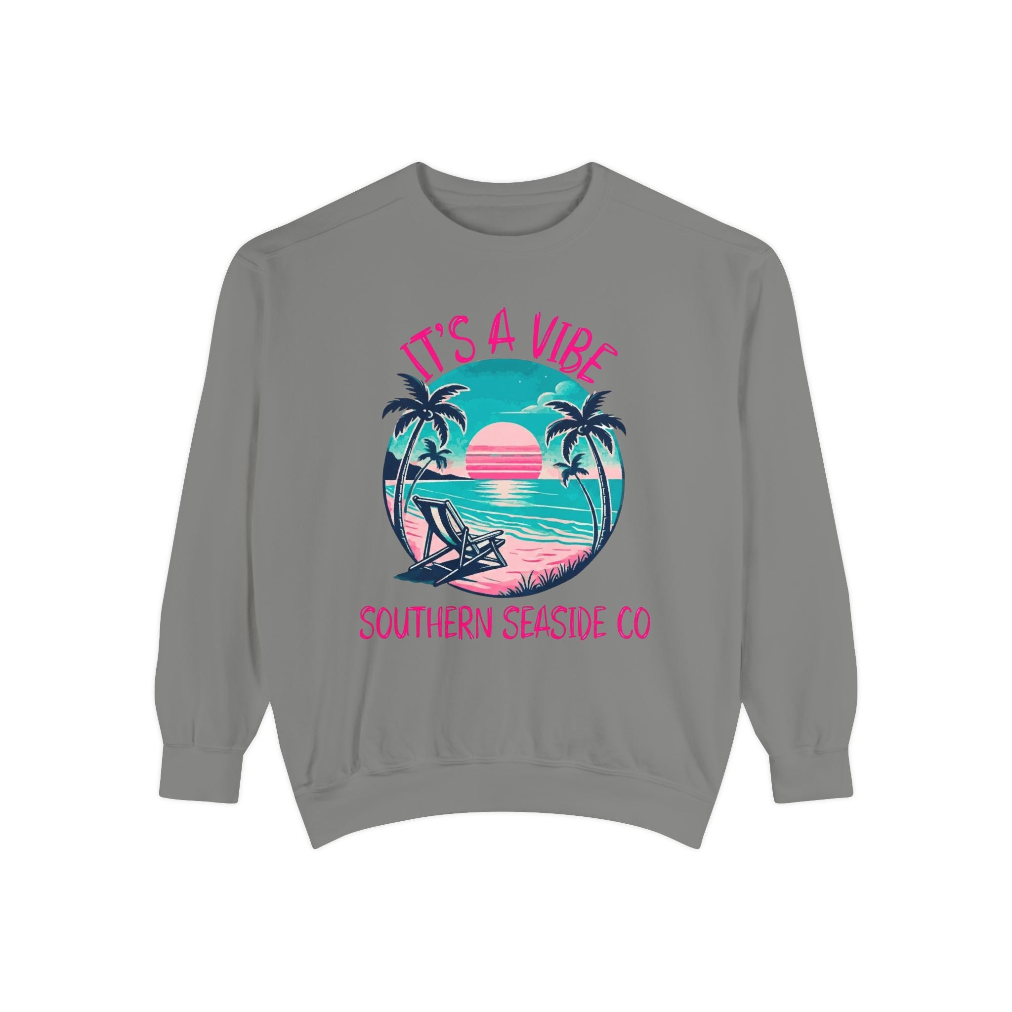 Gray sweatshirt with a tropical graphic and 'It's a Vibe Southern Seaside Co' text on a white background