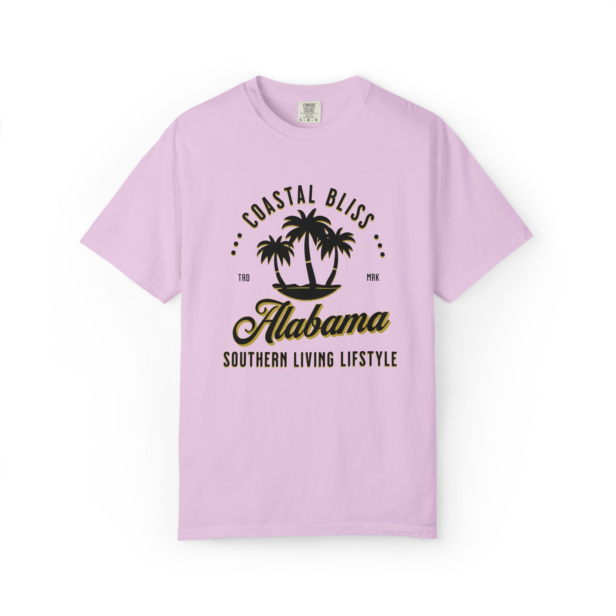 Light purple t-shirt with 'Alabama Southern Living Lifestyle' text and palm tree design on a white background