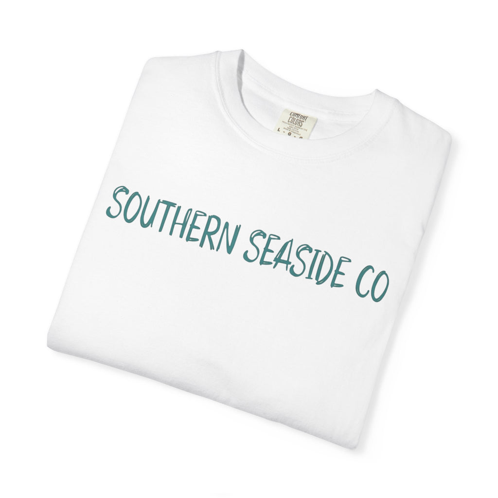 White t-shirt with 'Southern Seaside Co' text on a white background