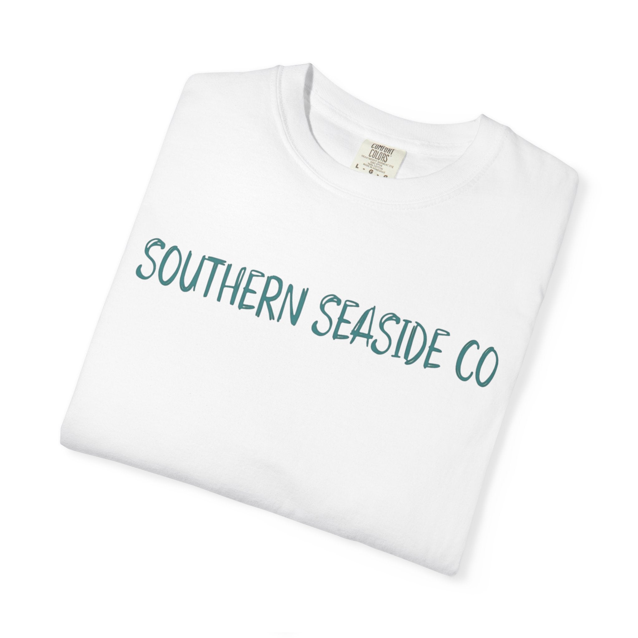 White t-shirt with 'Southern Seaside Co' text on a white background