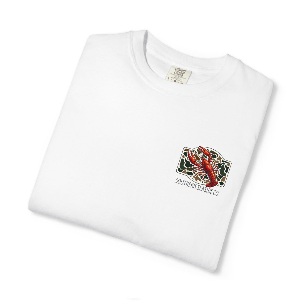 White t-shirt with a graphic design of a crawfish and text on a white background