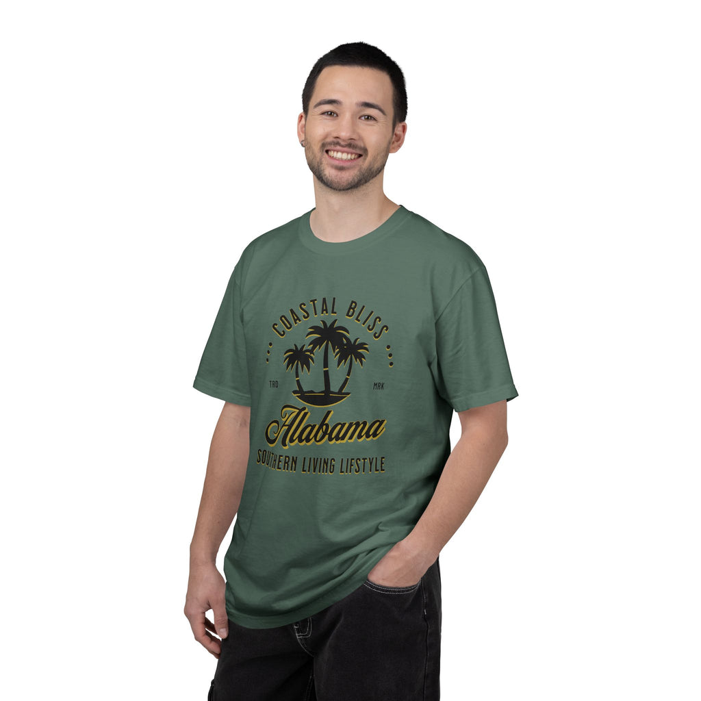 Man wearing a green t-shirt with 'Alabama' text and palm tree design on a white background
