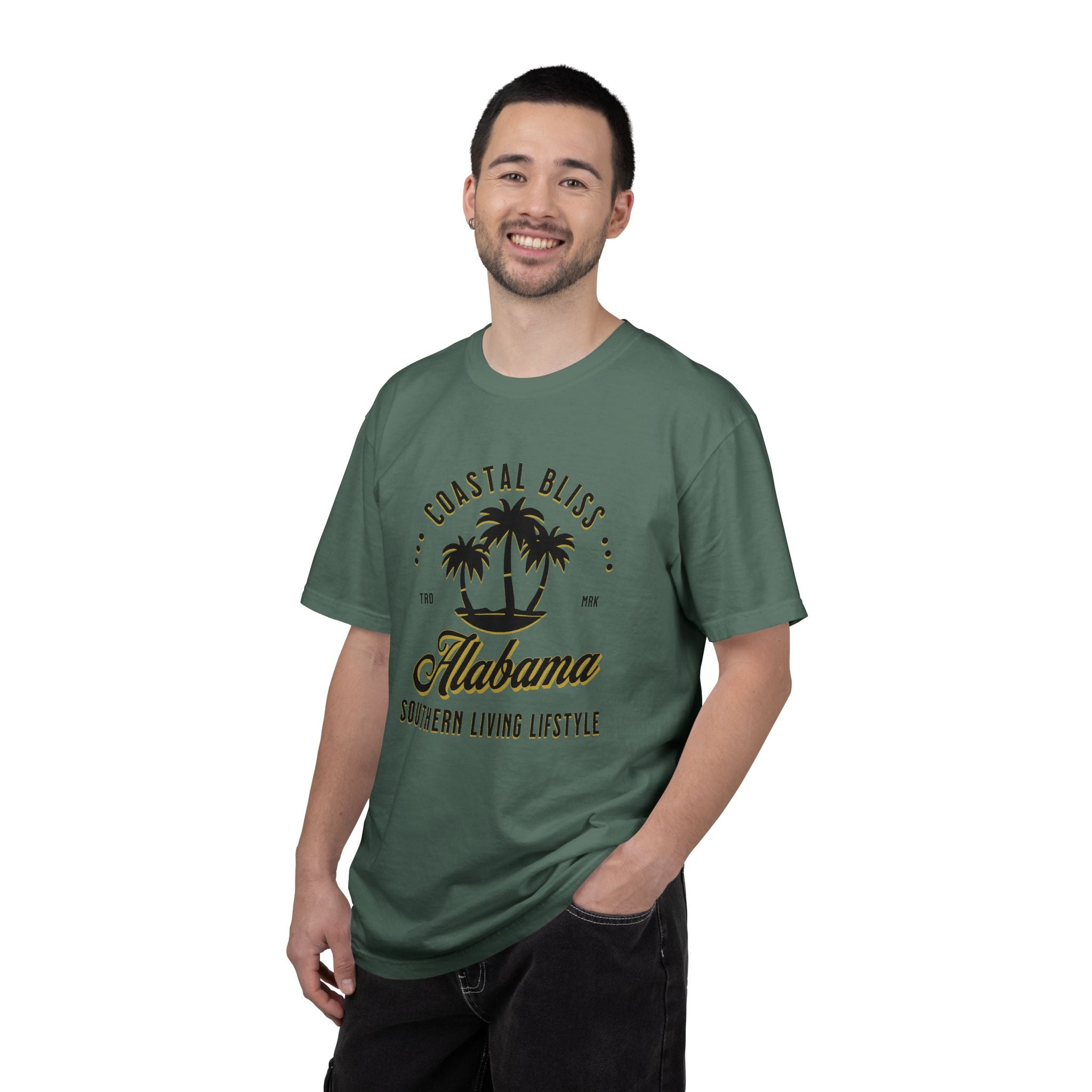 Man wearing a green t-shirt with 'Alabama' text and palm tree design on a white background