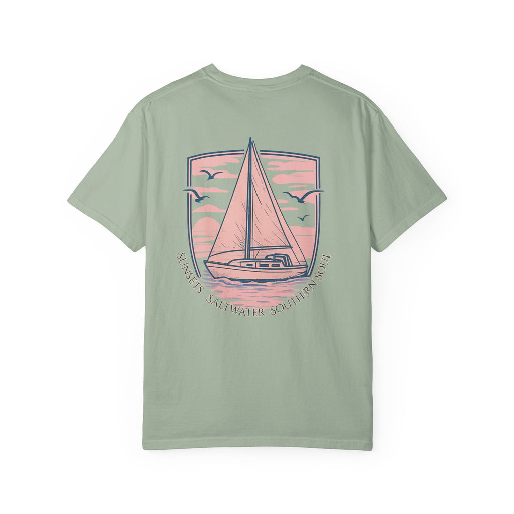 A beach themed Light green t-shirt with a sailboat graphic with Sunsets, Saltwater and Southern Soul text