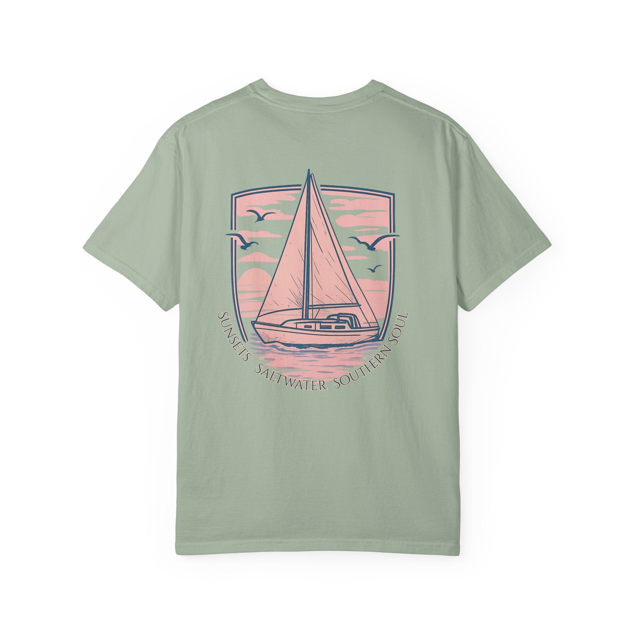A beach themed Light green t-shirt with a sailboat graphic with Sunsets, Saltwater and Southern Soul text