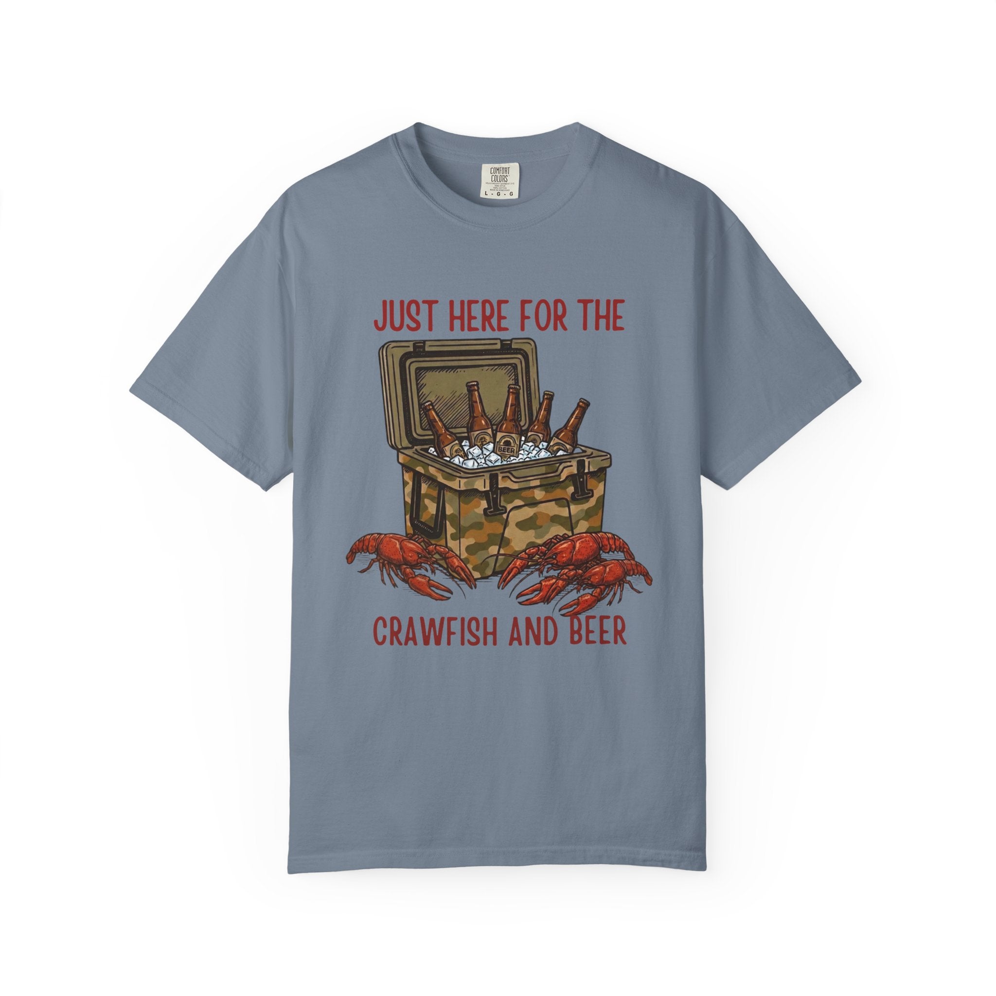 Blue t-shirt with crawfish and beer graphic and text on a white background