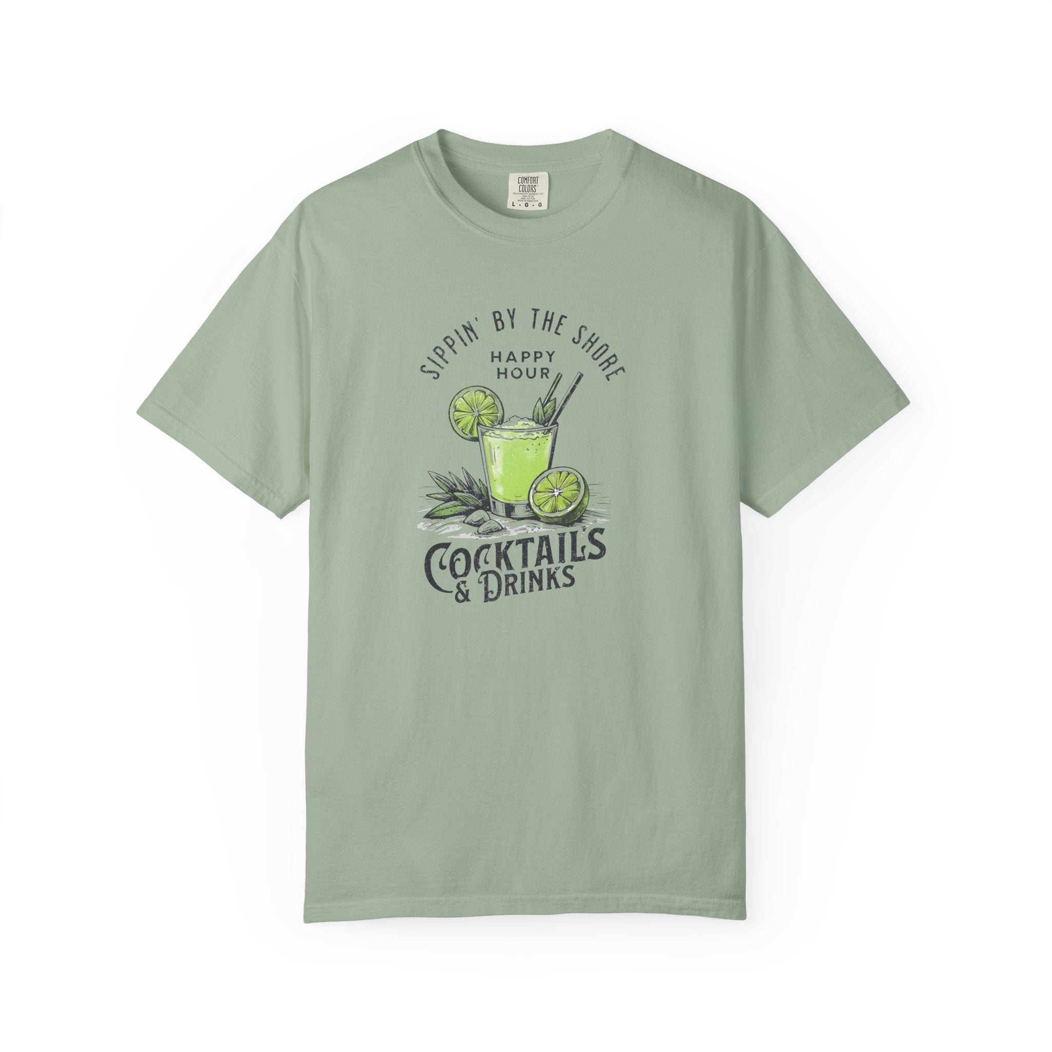 Light green t-shirt with cocktail graphic and text on a white background