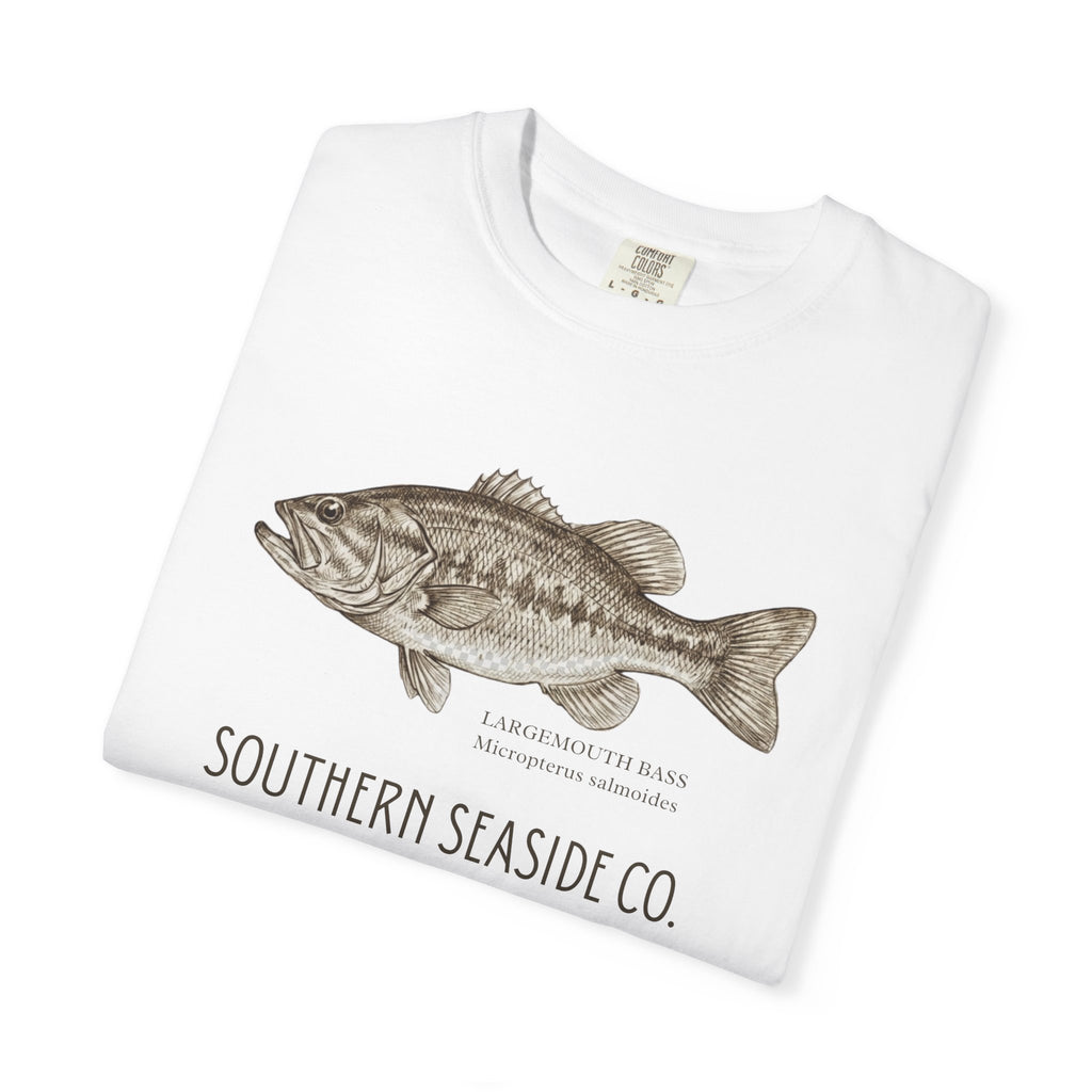 White t-shirt with a largemouth bass fish graphic and text on a white background