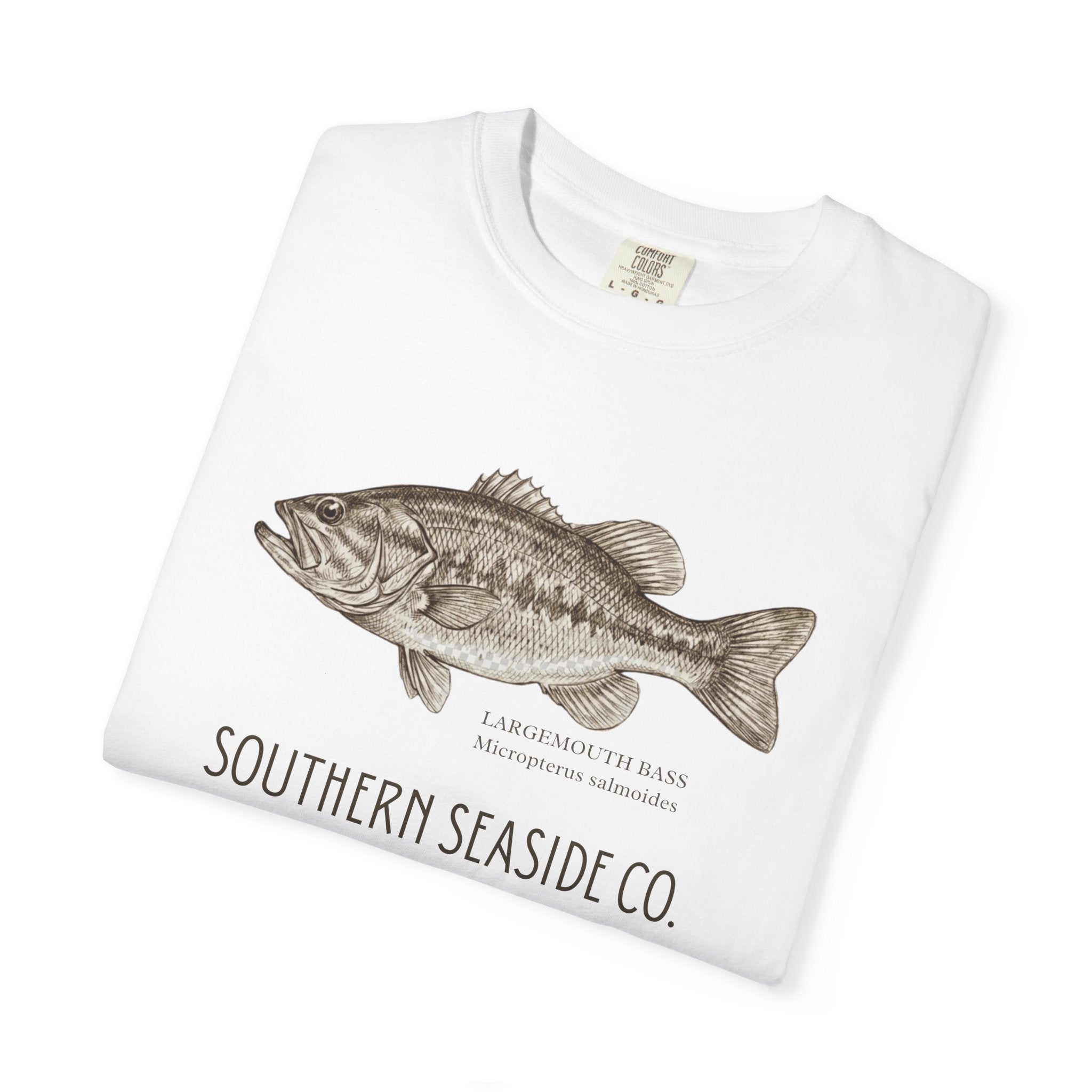 White t-shirt with a largemouth bass fish graphic and text on a white background