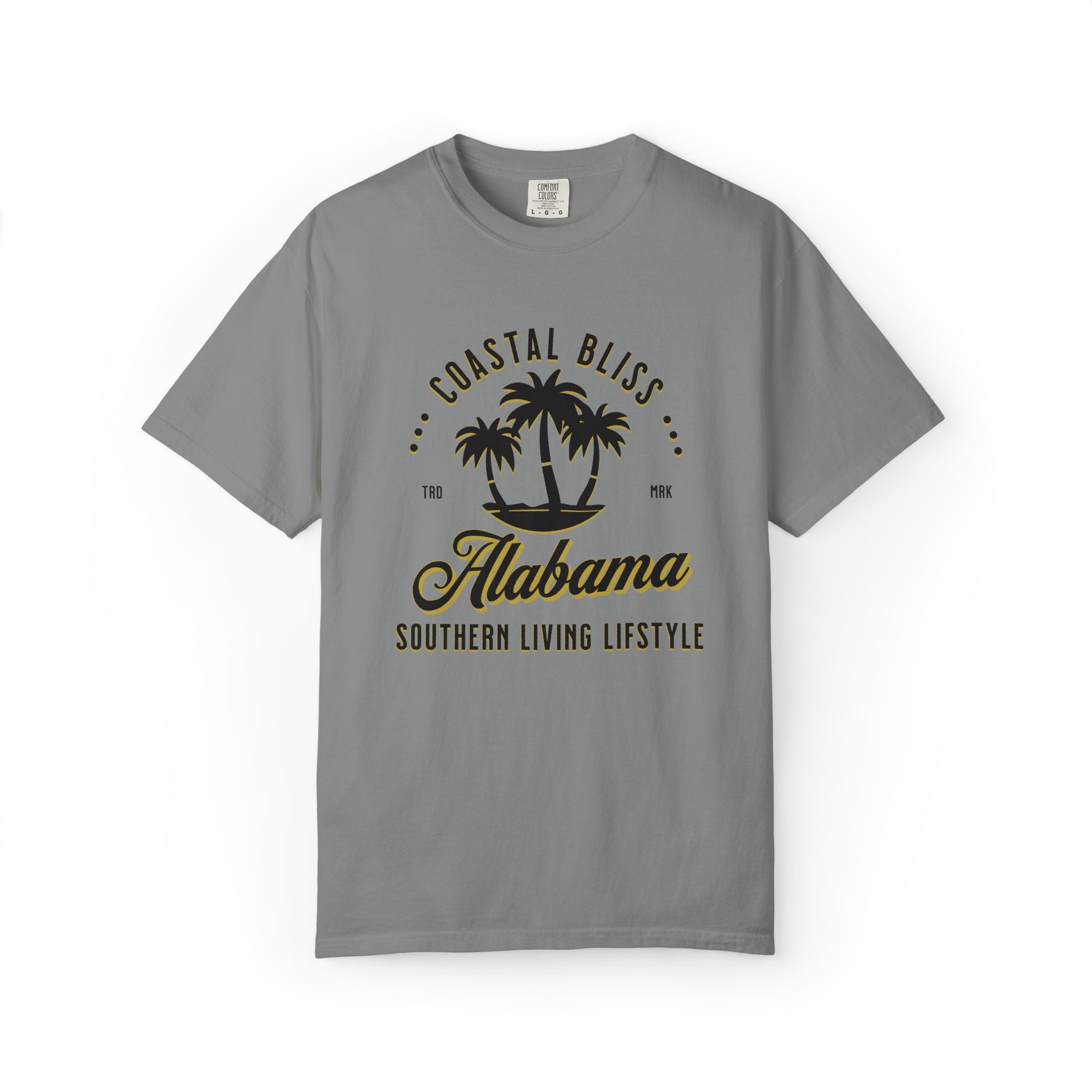A beach t-shirt. Gray t-shirt with 'Alabama Southern Living Lifestyle' text and palm tree design on a white background