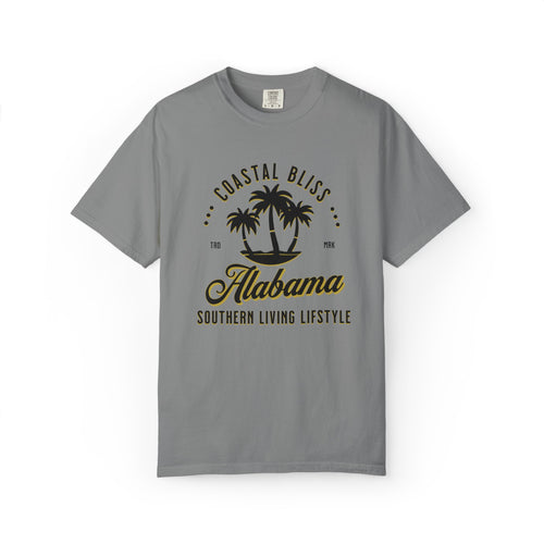 A beach t-shirt. Gray t-shirt with 'Alabama Southern Living Lifestyle' text and palm tree design on a white background