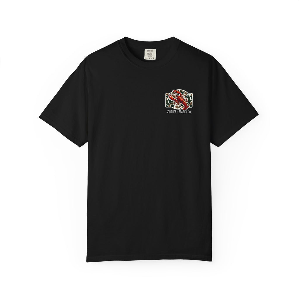 Black t-shirt with a graphic design of a crawfish and the new camo print logo of Southern Seaside Company on the chest area.