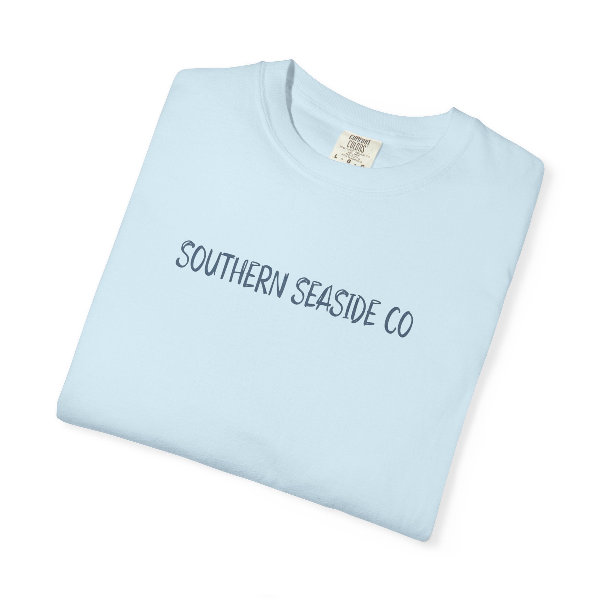 Light blue t-shirt with 'Southern Seaside Co' text on a white background