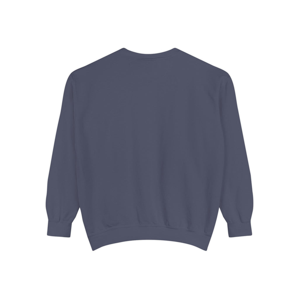 Back view of a denim blue sweatshirt on a white background