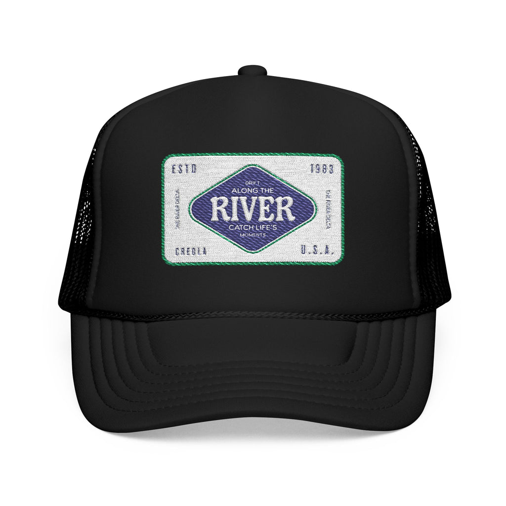 River Hat. Black trucker cap with a design featuring the establishment of the River Delta in Creola, Alabama.