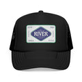 River Hat. Black trucker cap with a design featuring the establishment of the River Delta in Creola, Alabama.
