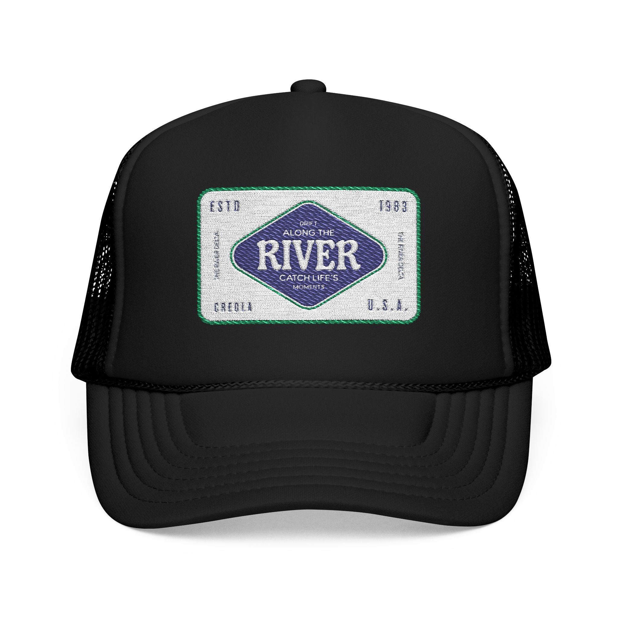 River Hat. Black trucker cap with a design featuring the establishment of the River Delta in Creola, Alabama.