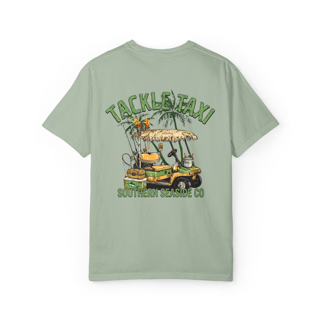 Green t-shirt with 'Tackle Taxi' graphic and 'Southern Seaside Co' text on a white background
