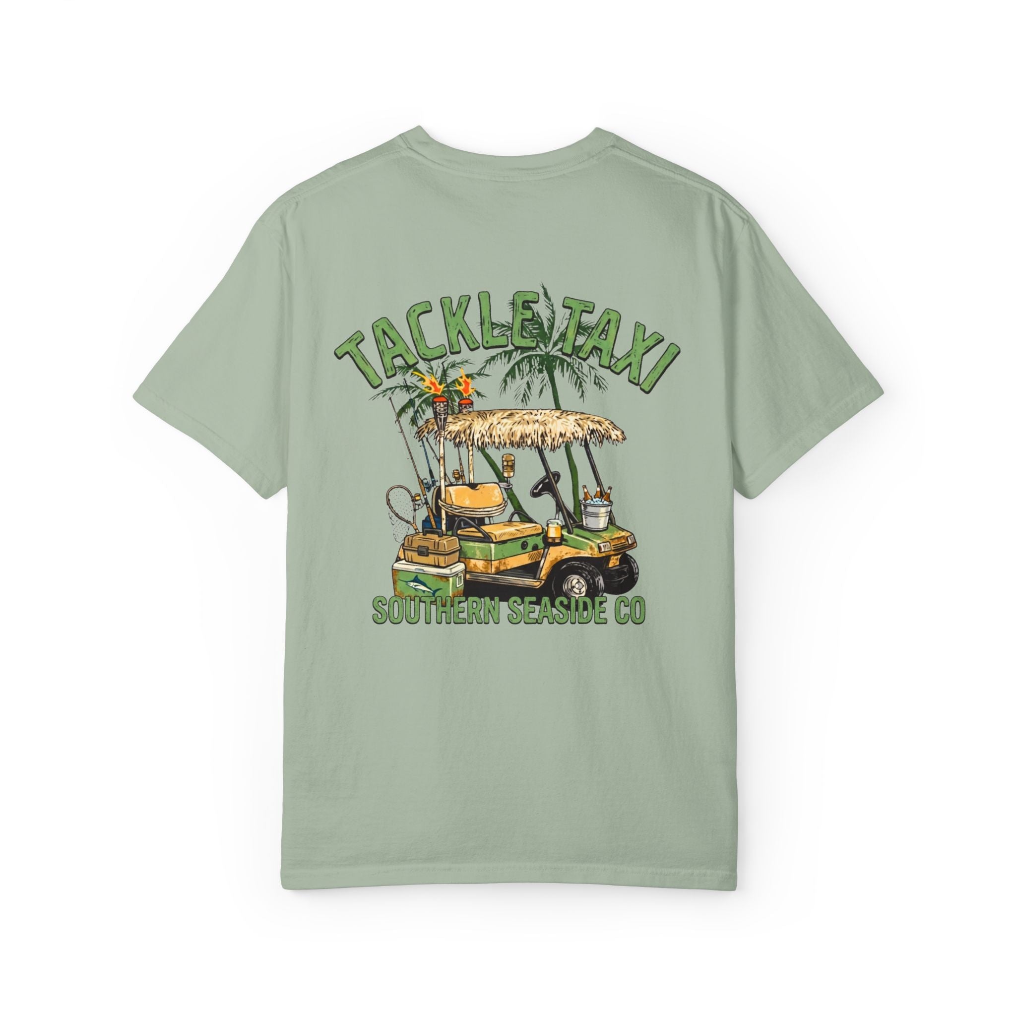 Green t-shirt with 'Tackle Taxi' graphic and 'Southern Seaside Co' text on a white background