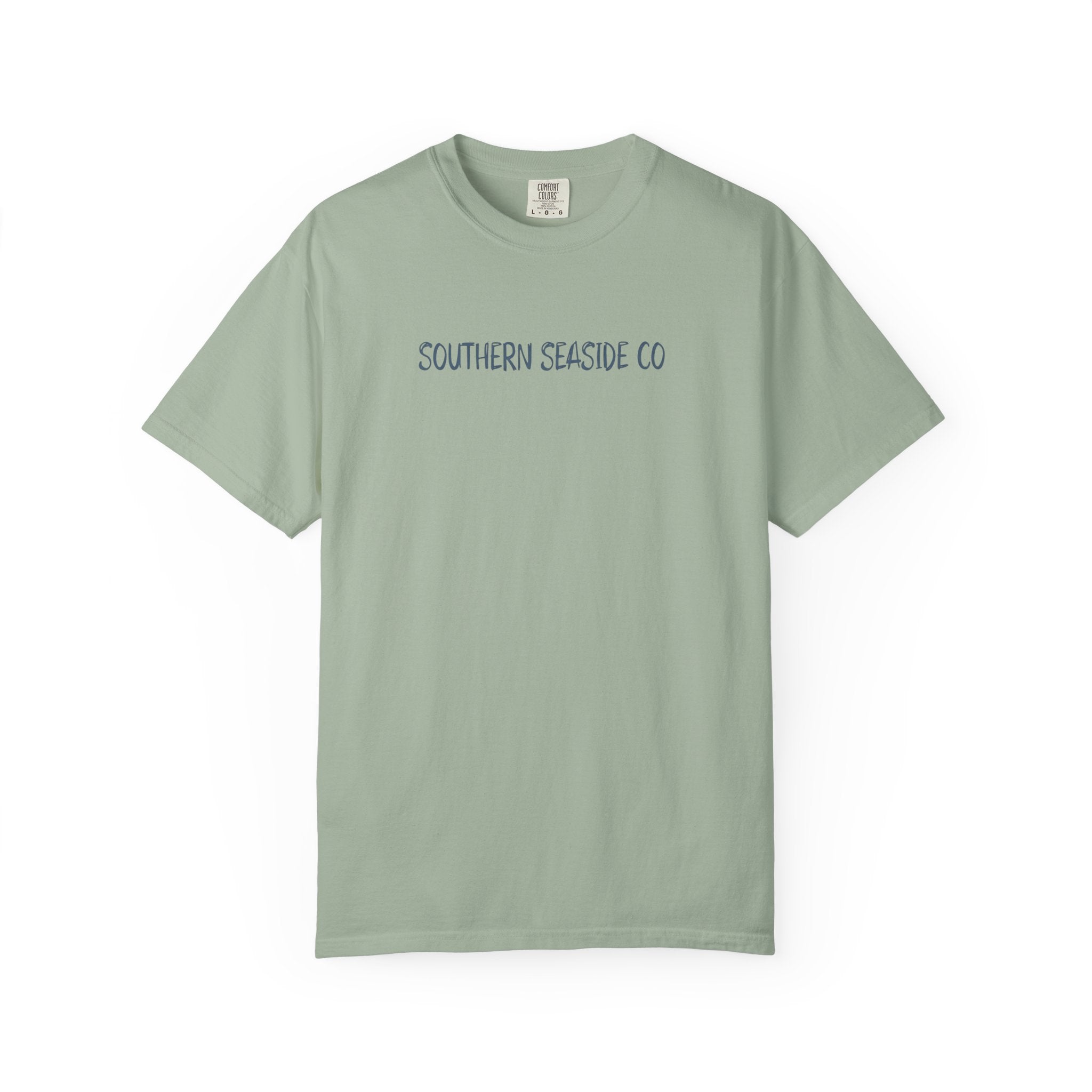 Green t-shirt with 'Southern Seaside Co' text on a white background