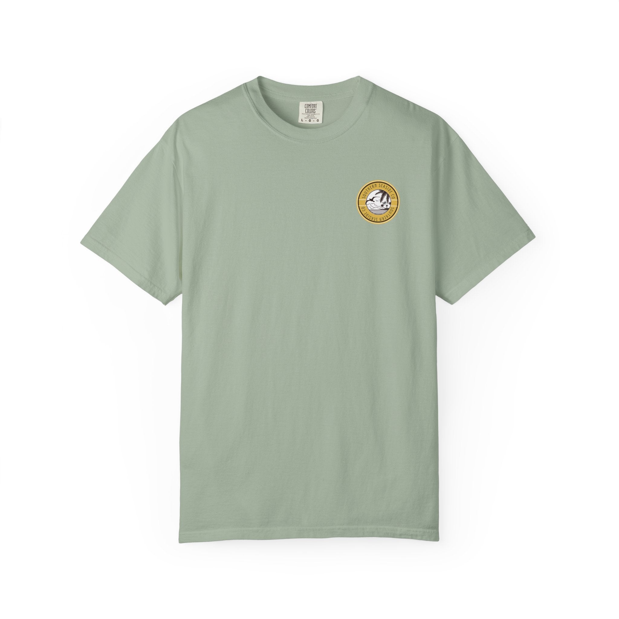Green t-shirt with a logo on a white background