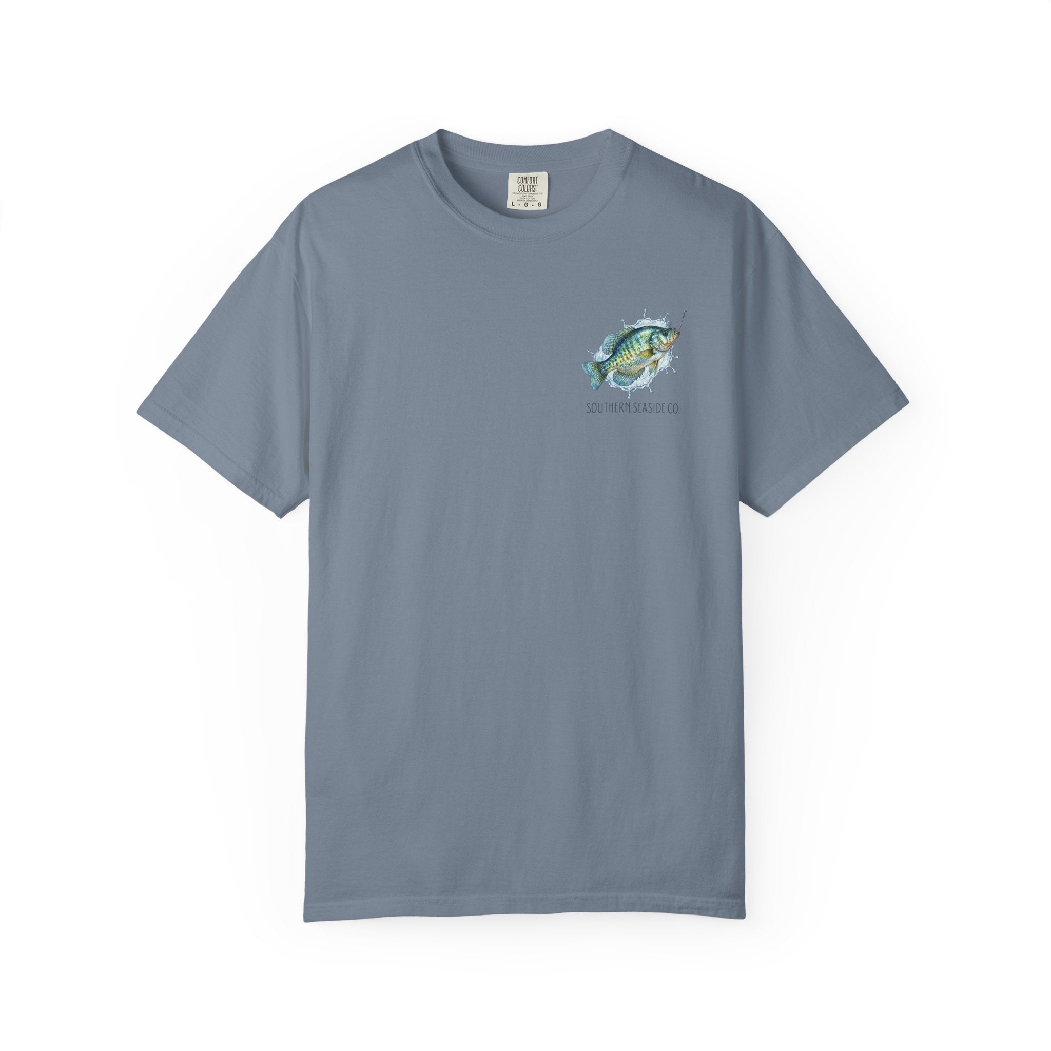 Gray t-shirt with a crappie fish graphic on a white background