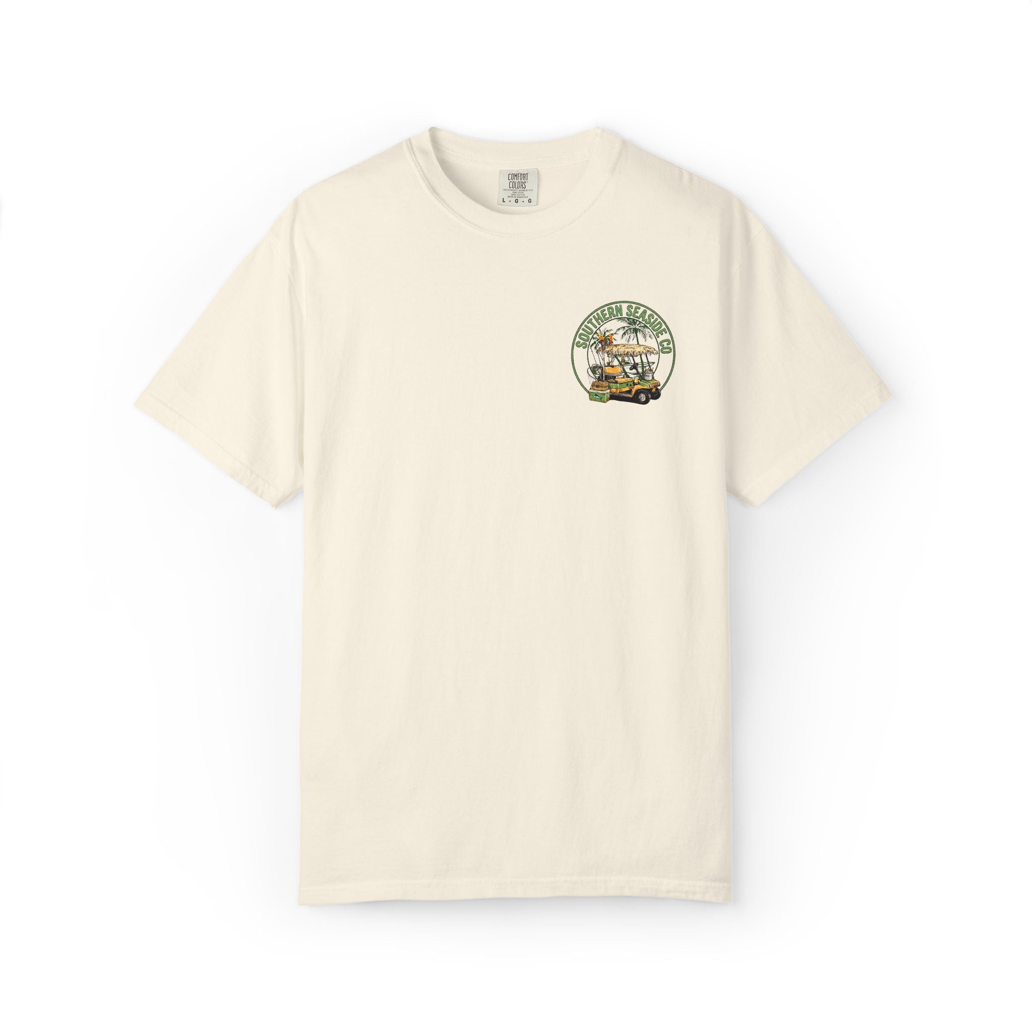 Ivory t-shirt with a graphic design of a golf cart, fishing gear and tropical vibes logo of Southern Seaside Co image 