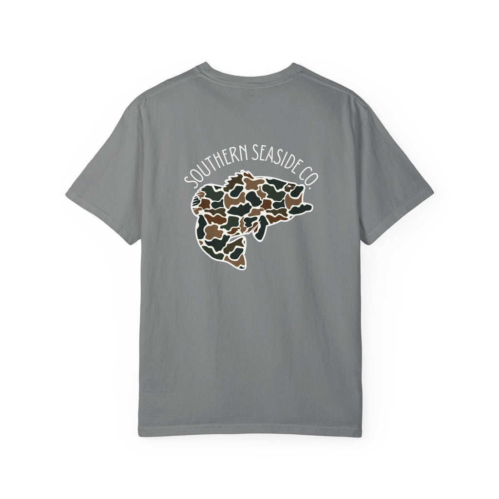 Gray t-shirt with a bass fish image with camo print and 'Southern Seaside Co.' logo 