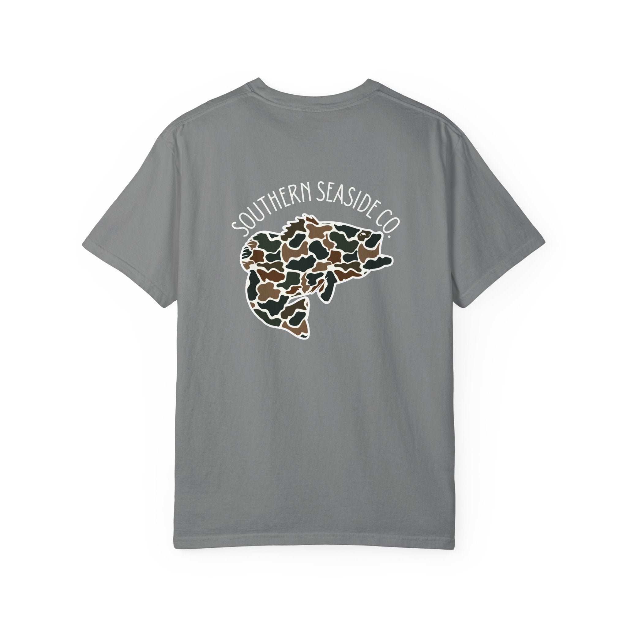 Gray t-shirt with a bass fish image with camo print and 'Southern Seaside Co.' logo 