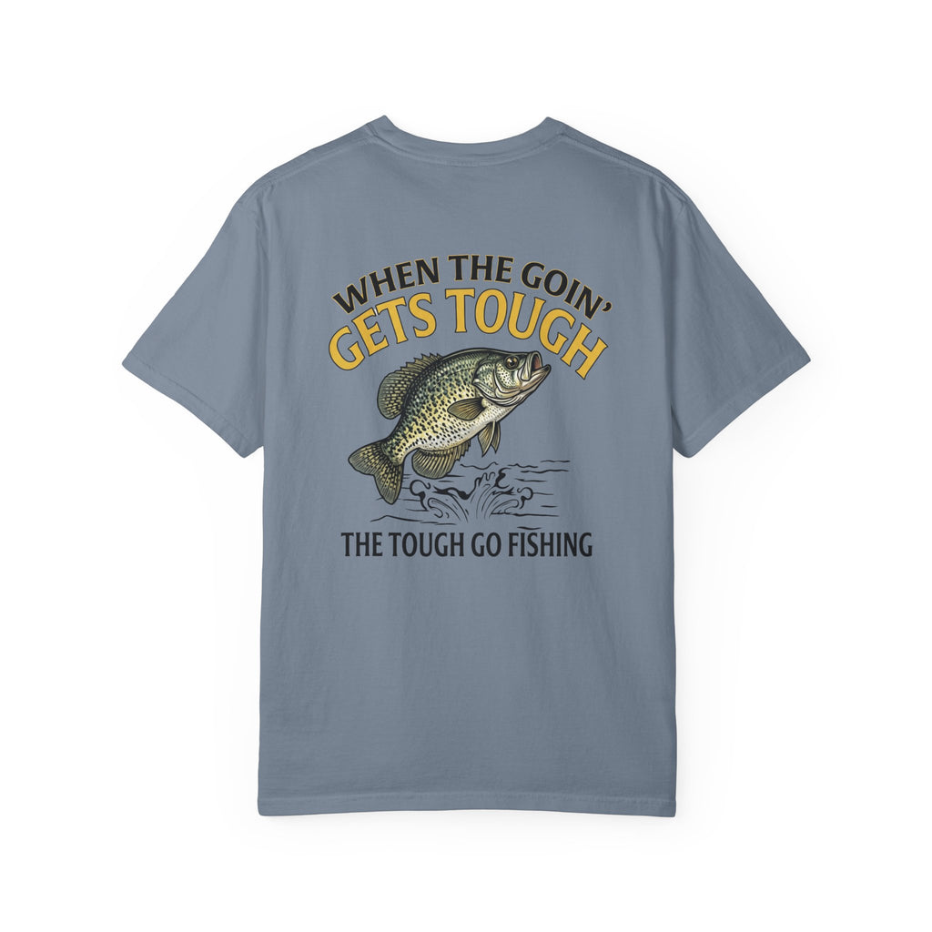 Gray t-shirt with crappie fishing graphic and funny text on a white background