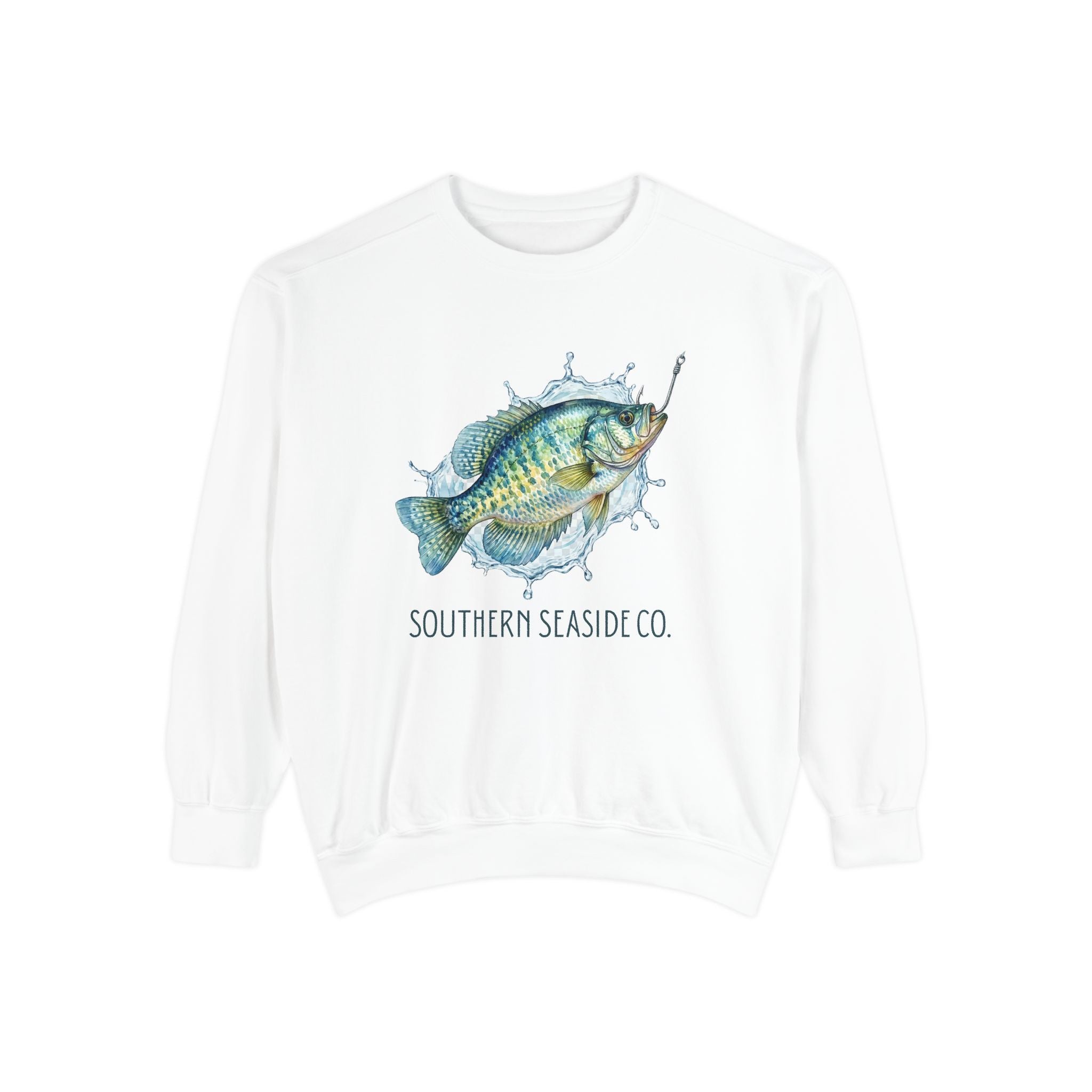 White sweatshirt with a crappie fish graphic and 'Southern Seaside Co.' text on a white background